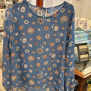 Anne Klein Blue Blouse with Peach Floral Design